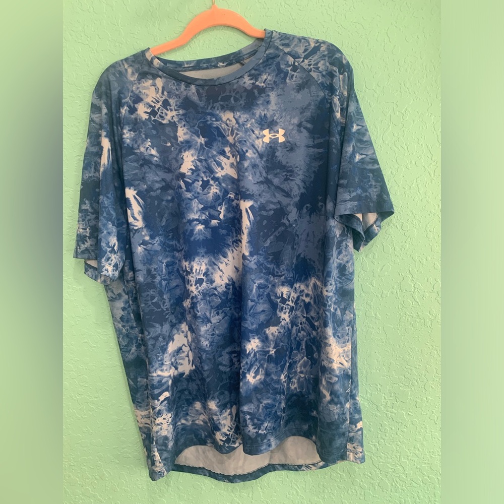 Under Armour Men's Blue and White Tie-Dye Short Sleeve Tee Loose XL
